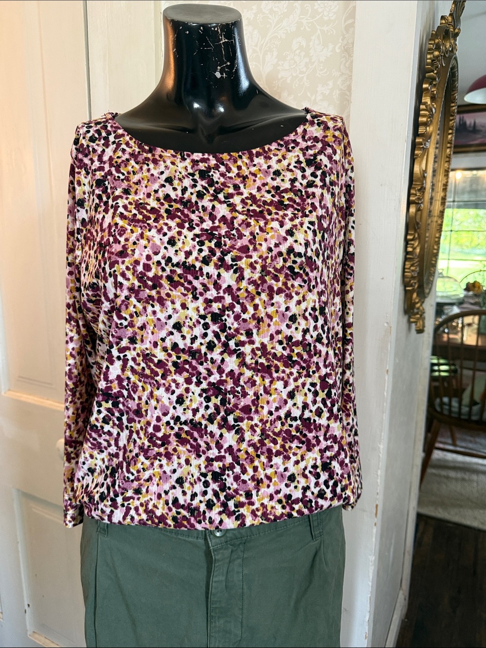 Emaline Relaxed Boatneck Multi Colored Patterned 3/4 Sleeves Top Large